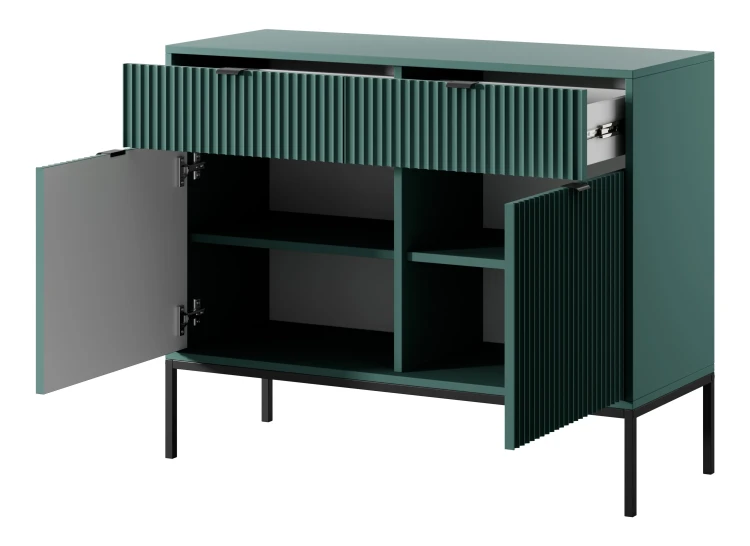 komoda-nilo-zielona-stelaz-czarny-uchwyt-czarny-104-cm-bok-otwarta-2.webp