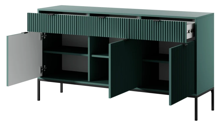 komoda-nilo-zielona-stelaz-czarny-uchwyt-czarny-154-cm-bok-otwarta.webp