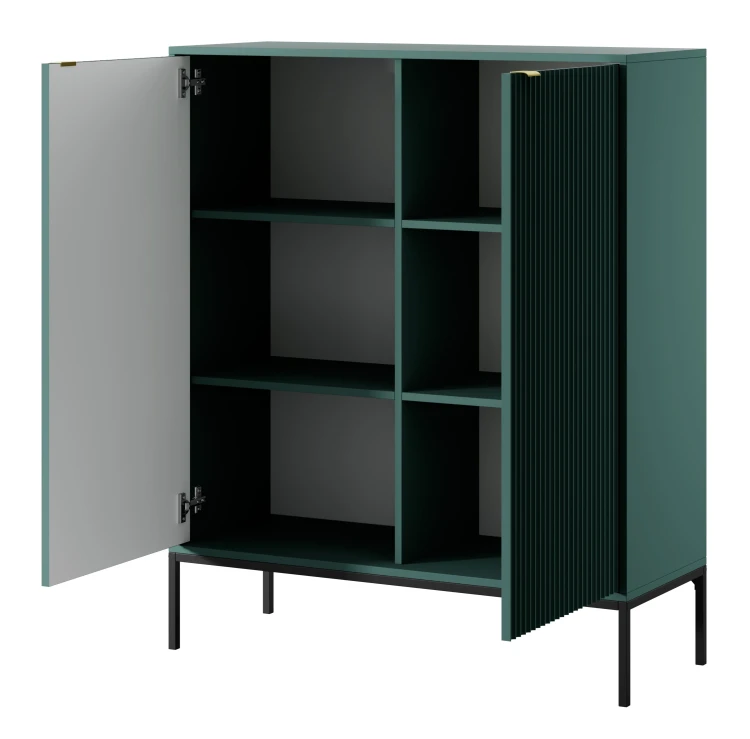 komoda-nilo-zielona-stelaz-czarny-uchwyt-zloty-104-cm-bok-otwarta.webp