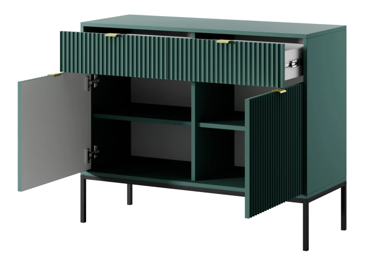 komoda-nilo-zielona-stelaz-czarny-uchwyt-zloty-104-cm-bok-otwarta-2.webp
