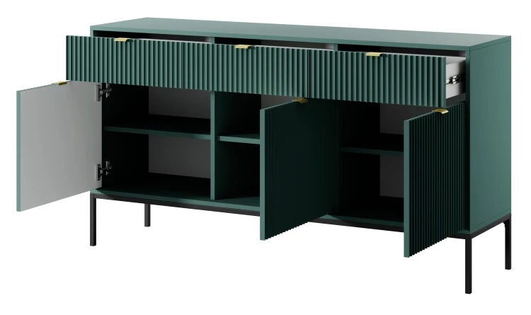 komoda-nilo-zielona-stelaz-czarny-uchwyt-zloty-154-cm-bok-otwarta.webp