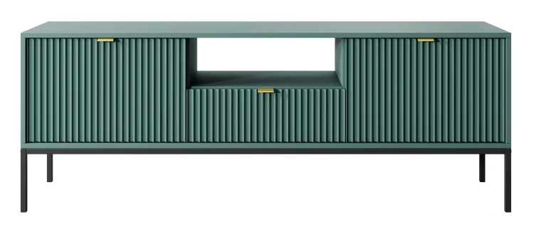 szafka-rtv-nilo-zielona-stelaz-czarny-uchwyt-zloty-154-cm-front.webp