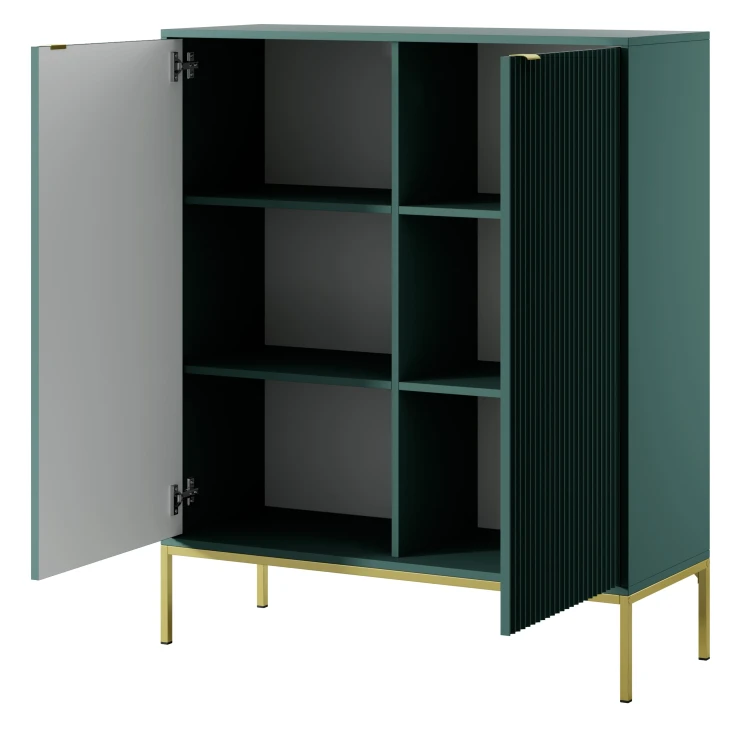 komoda-nilo-zielona-stelaz-zloty-uchwyt-zloty-104-cm-bok-otwarta.webp