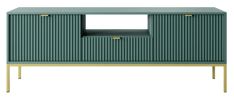 szafka-rtv-nilo-zielona-stelaz-zloty-uchwyt-zloty-154-cm-front.webp