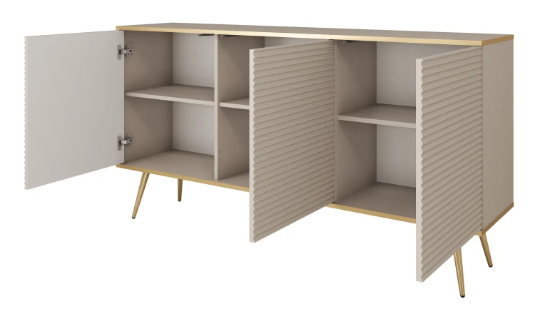 komoda-orvo-mdf-bezowa-stelaz-zloty-160-cm-bok-otwarta.webp