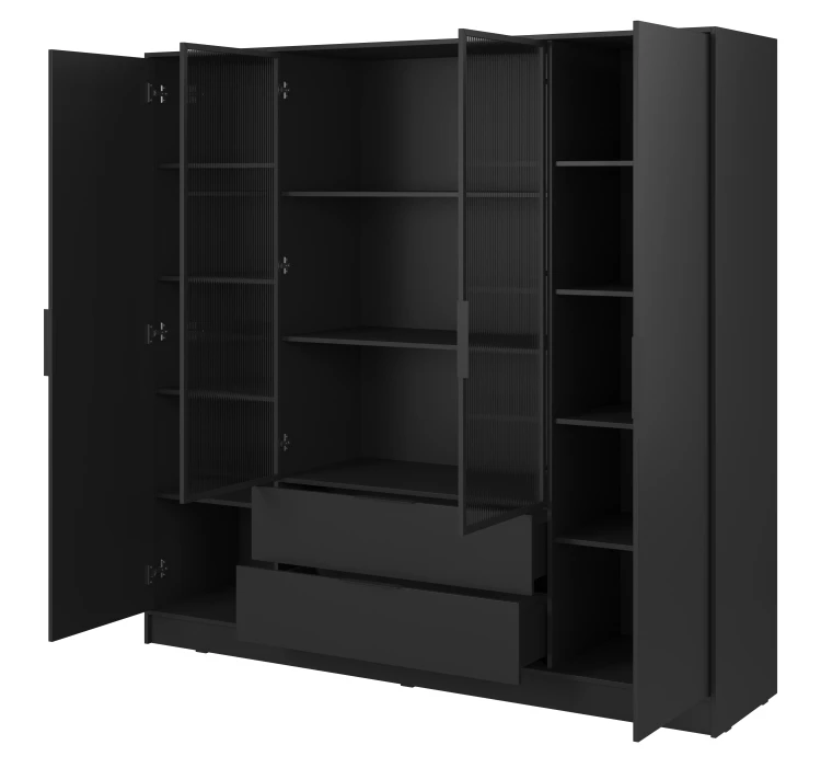 szafa-srodkowe-szklo-ryflowane-polki-kavio-czarna-206-cm-bok-otwarta.webp