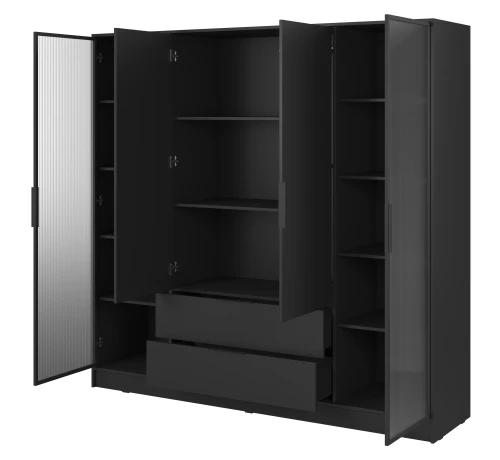 szafa-przeszklone-boki-ryflowane-polki-kavio-czarna-206-cm-bok-otwarta.webp