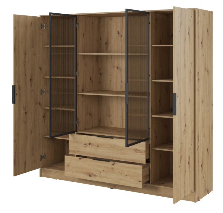 szafa-srodkowe-szklo-ryflowane-polki-kavio-dab-artisan-206-cm-bok-otwarta.webp
