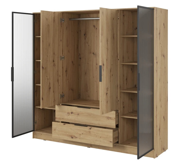 szafa-przeszklone-boki-ryflowane-drazek-kavio-dab-artisan-206-cm-bok-otwarta.webp