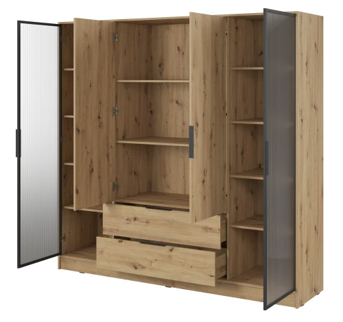 szafa-przeszklone-boki-ryflowane-polki-kavio-dab-artisan-206-cm-bok-otwarta.webp