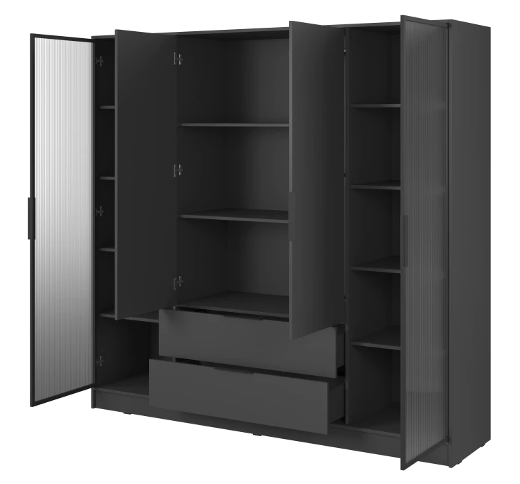 szafa-przeszklone-boki-ryflowane-polki-kavio-grafit-206-cm-bok-otwarta.webp