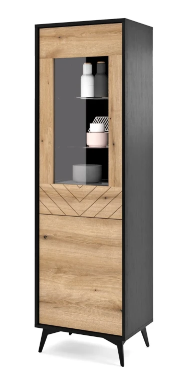 witryna-54-cm-divero-czarny-grafit-dab-evoke-bok-z-rzeczami.webp